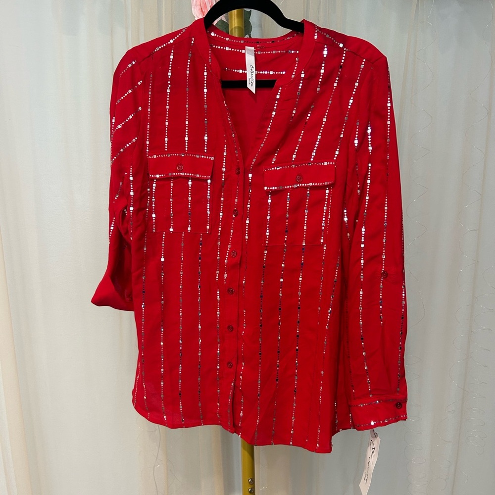 NY Collection Sparkling Red Button-Down Shirt